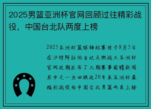 2025男篮亚洲杯官网回顾过往精彩战役，中国台北队两度上榜